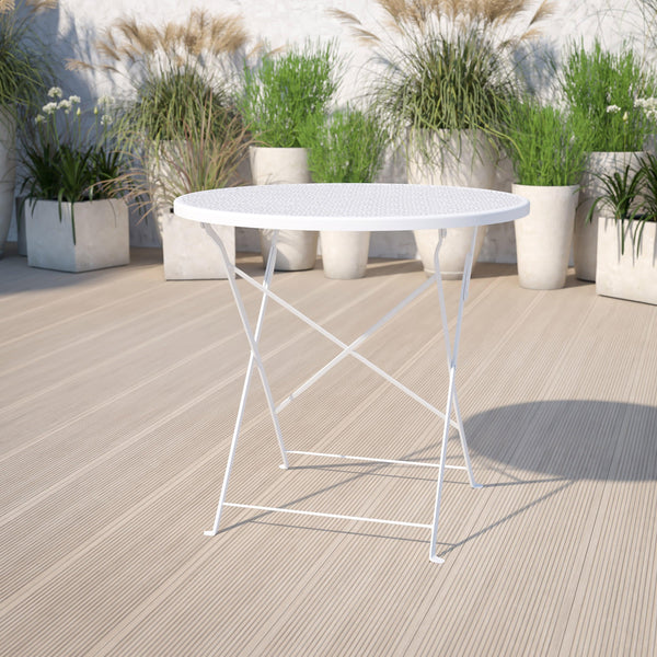 White |#| 30inch Round White Indoor-Outdoor Steel Folding Patio Table - Restaurant Table