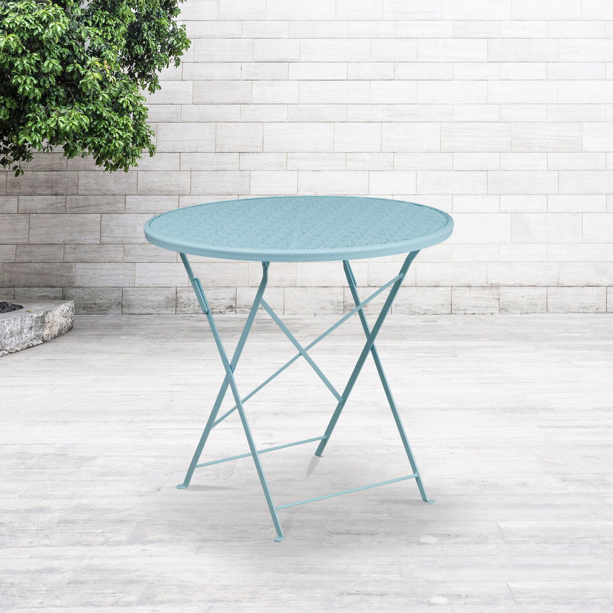 Sky Blue |#| 30inch Round Sky Blue Indoor-Outdoor Steel Folding Patio Table - Restaurant Table