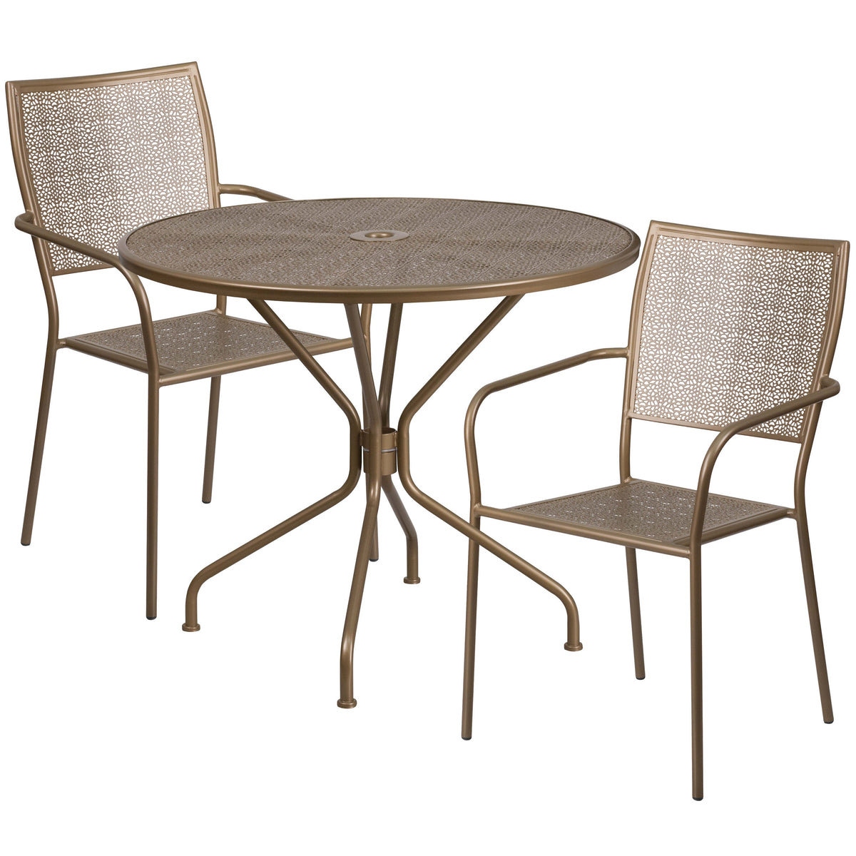 Gold |#| 35.25inch Round Gold Indoor-Outdoor Steel Patio Table Set w/ 2 Square Back Chairs