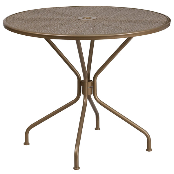 Gold |#| 35.25inch Round Gold Indoor-Outdoor Steel Patio Table Set w/ 2 Square Back Chairs