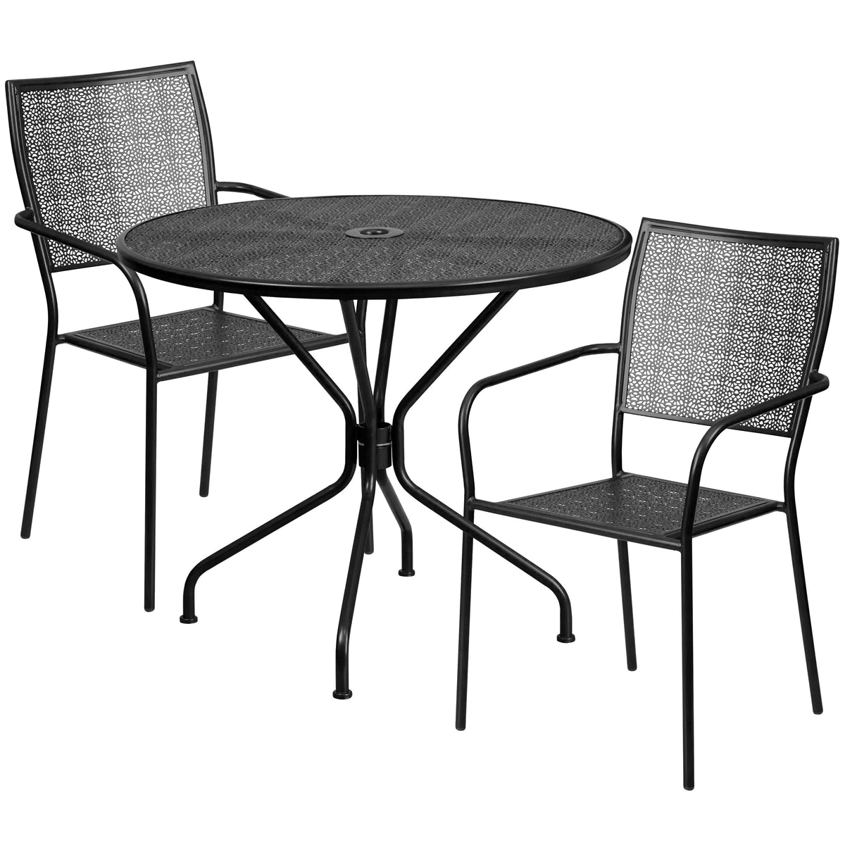 Black |#| 35.25inch Round Black Indoor-Outdoor Steel Patio Table Set w/ 2 Square Back Chairs