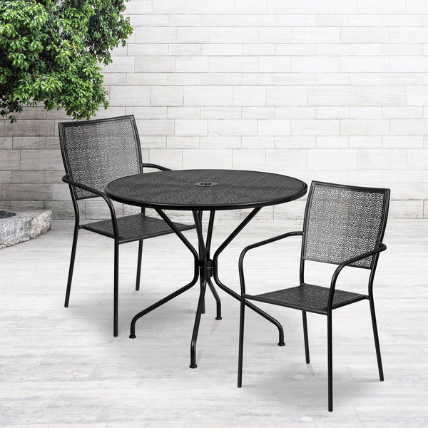 Black |#| 35.25inch Round Black Indoor-Outdoor Steel Patio Table Set w/ 2 Square Back Chairs