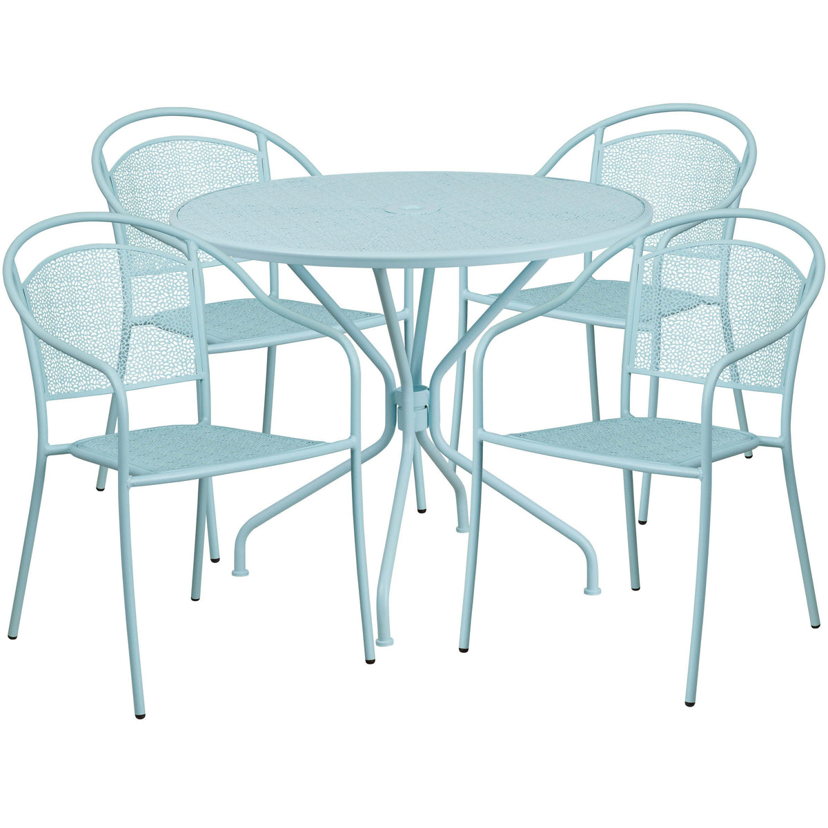 Sky Blue |#| 35.25inch RD Sky Blue Indoor-Outdoor Steel Patio Table Set with 4 Round Back Chairs