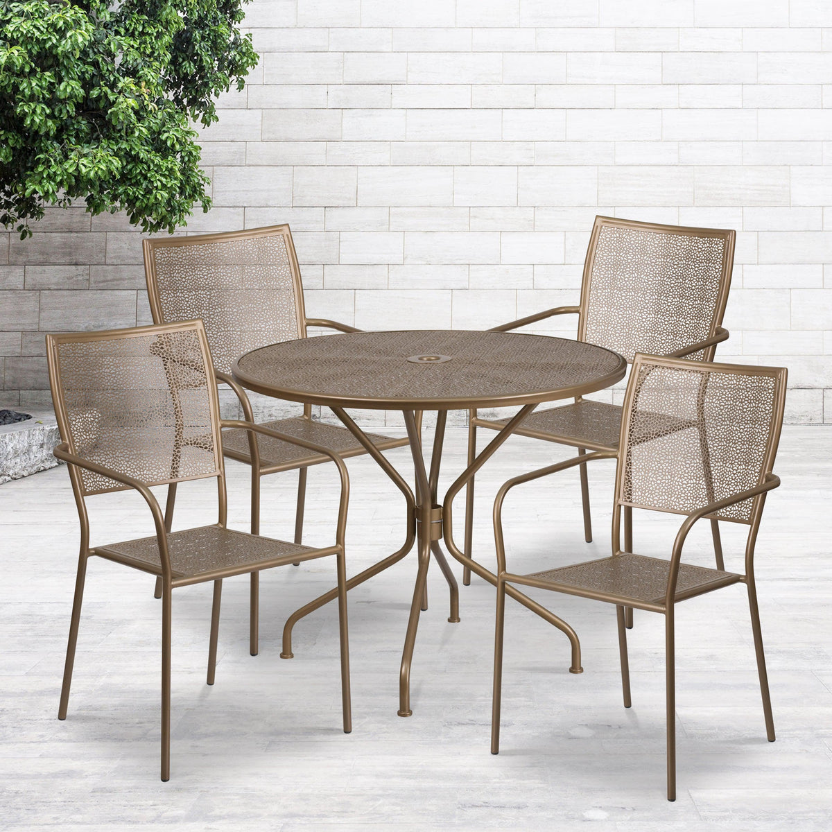 Gold |#| 35.25inch Round Gold Indoor-Outdoor Steel Patio Table Set w/ 4 Square Back Chairs
