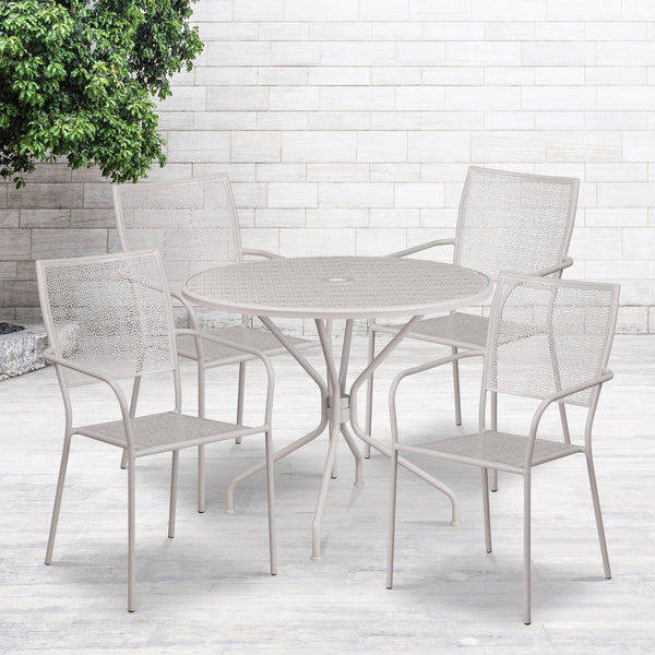 Light Gray |#| 35.25inch Round Lt Gray Indoor-Outdoor Steel Patio Table Set w/4 Square Back Chairs