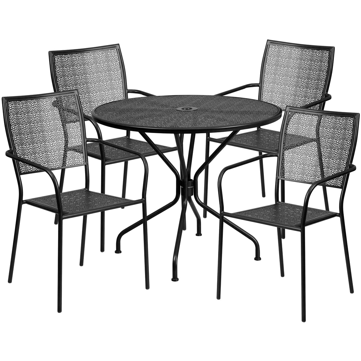 Black |#| 35.25inch Round Black Indoor-Outdoor Steel Patio Table Set w/ 4 Square Back Chairs