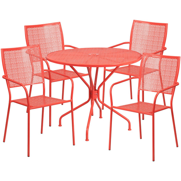 Coral |#| 35.25inch Round Coral Indoor-Outdoor Steel Patio Table Set w/ 4 Square Back Chairs