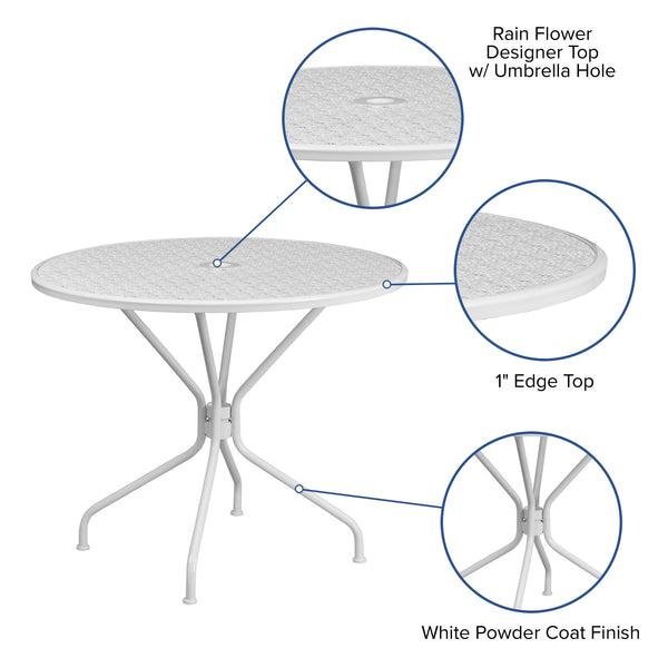 White |#| 35.25inch Round White Indoor-Outdoor Steel Patio Table-Umbrella Hole-Restaurant