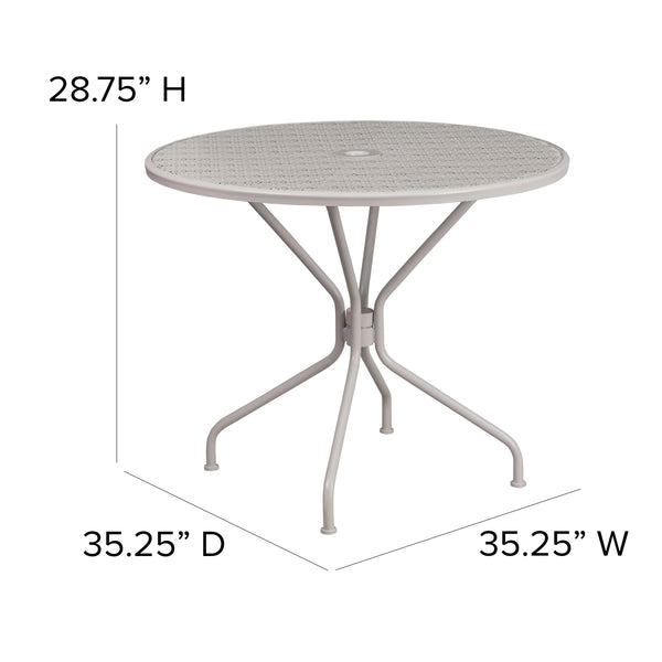 Light Gray |#| 35.25inch Round Lt Gray Indoor-Outdoor Steel Patio Table-Umbrella Hole-Restaurant