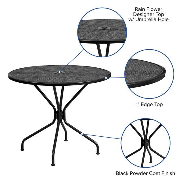 Black |#| 35.25inch Round Black Indoor-Outdoor Steel Patio Table-Umbrella Hole-Restaurant