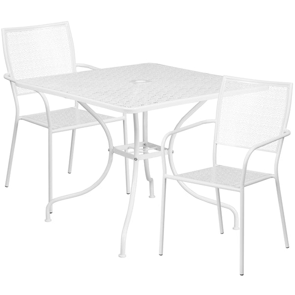 White |#| 35.5inch Square White Indoor-Outdoor Steel Patio Table Set w/ 2 Square Back Chairs