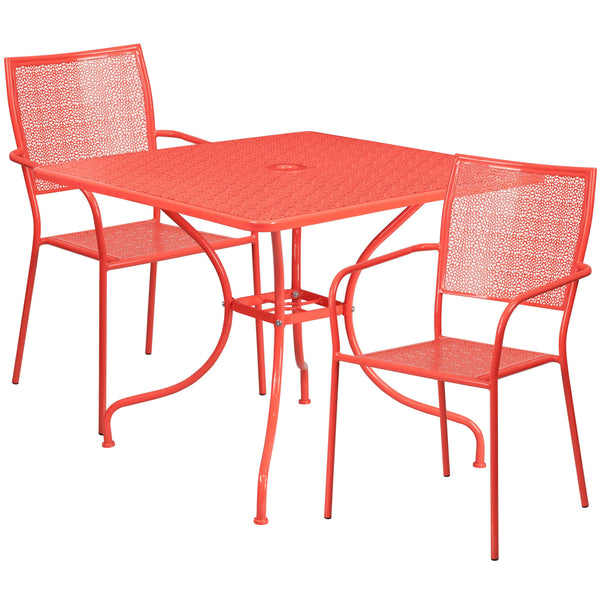 Coral |#| 35.5inch Square Coral Indoor-Outdoor Steel Patio Table Set w/ 2 Square Back Chairs