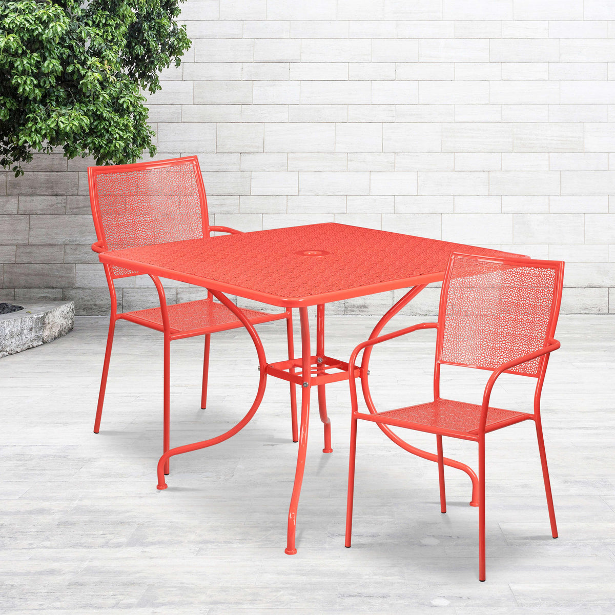 Coral |#| 35.5inch Square Coral Indoor-Outdoor Steel Patio Table Set w/ 2 Square Back Chairs