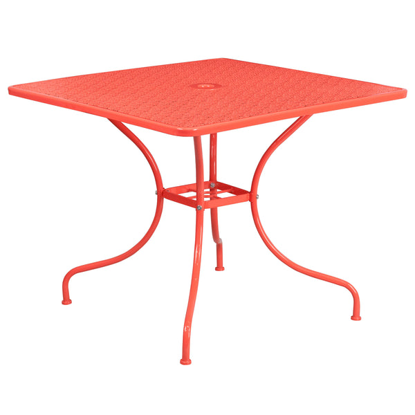 Coral |#| 35.5inch Square Coral Indoor-Outdoor Steel Patio Table Set w/ 2 Square Back Chairs