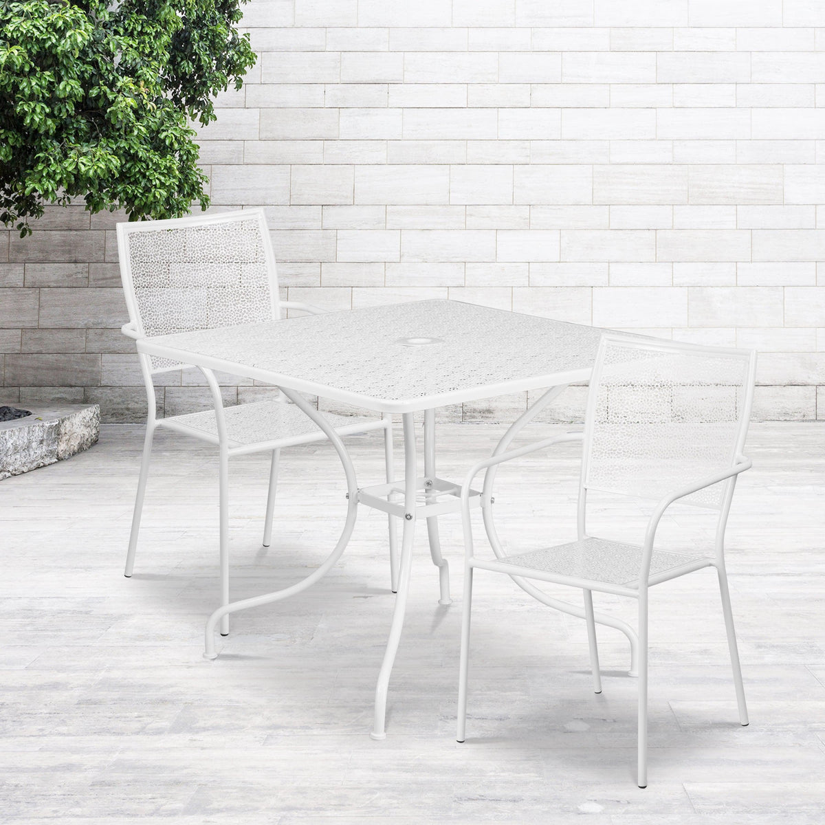 White |#| 35.5inch Square White Indoor-Outdoor Steel Patio Table Set w/ 2 Square Back Chairs