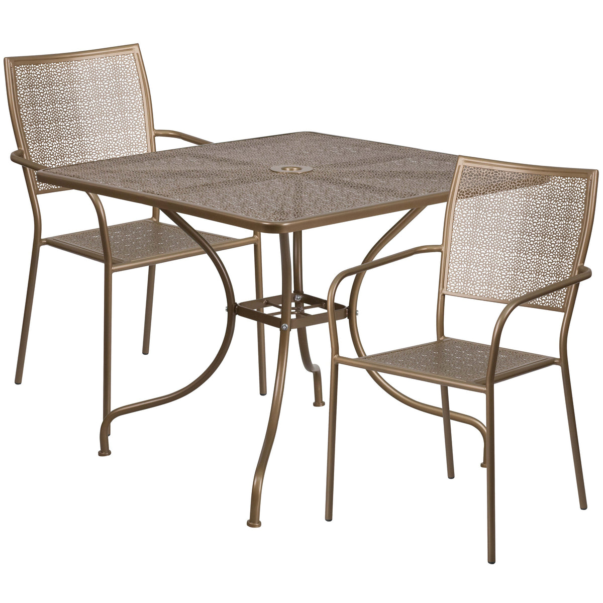 Gold |#| 35.5inch Square Gold Indoor-Outdoor Steel Patio Table Set w/ 2 Square Back Chairs