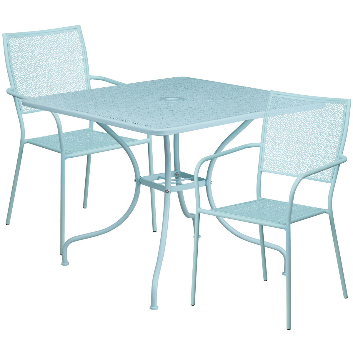 Sky Blue |#| 35.5inch SQ Sky Blue Indoor-Outdoor Steel Patio Table Set w/ 2 Square Back Chairs