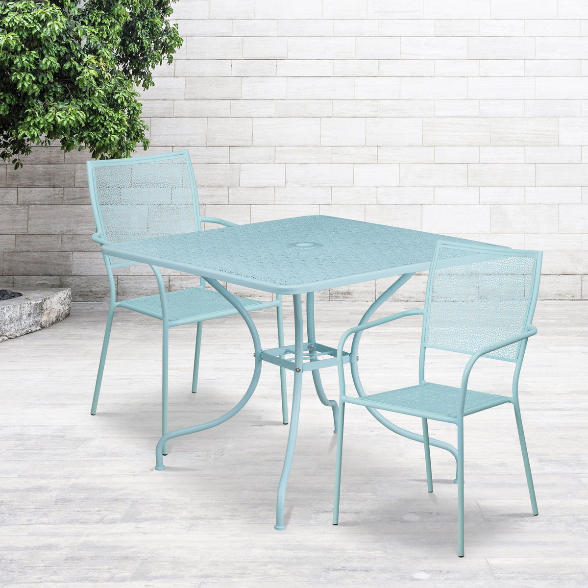 Sky Blue |#| 35.5inch SQ Sky Blue Indoor-Outdoor Steel Patio Table Set w/ 2 Square Back Chairs