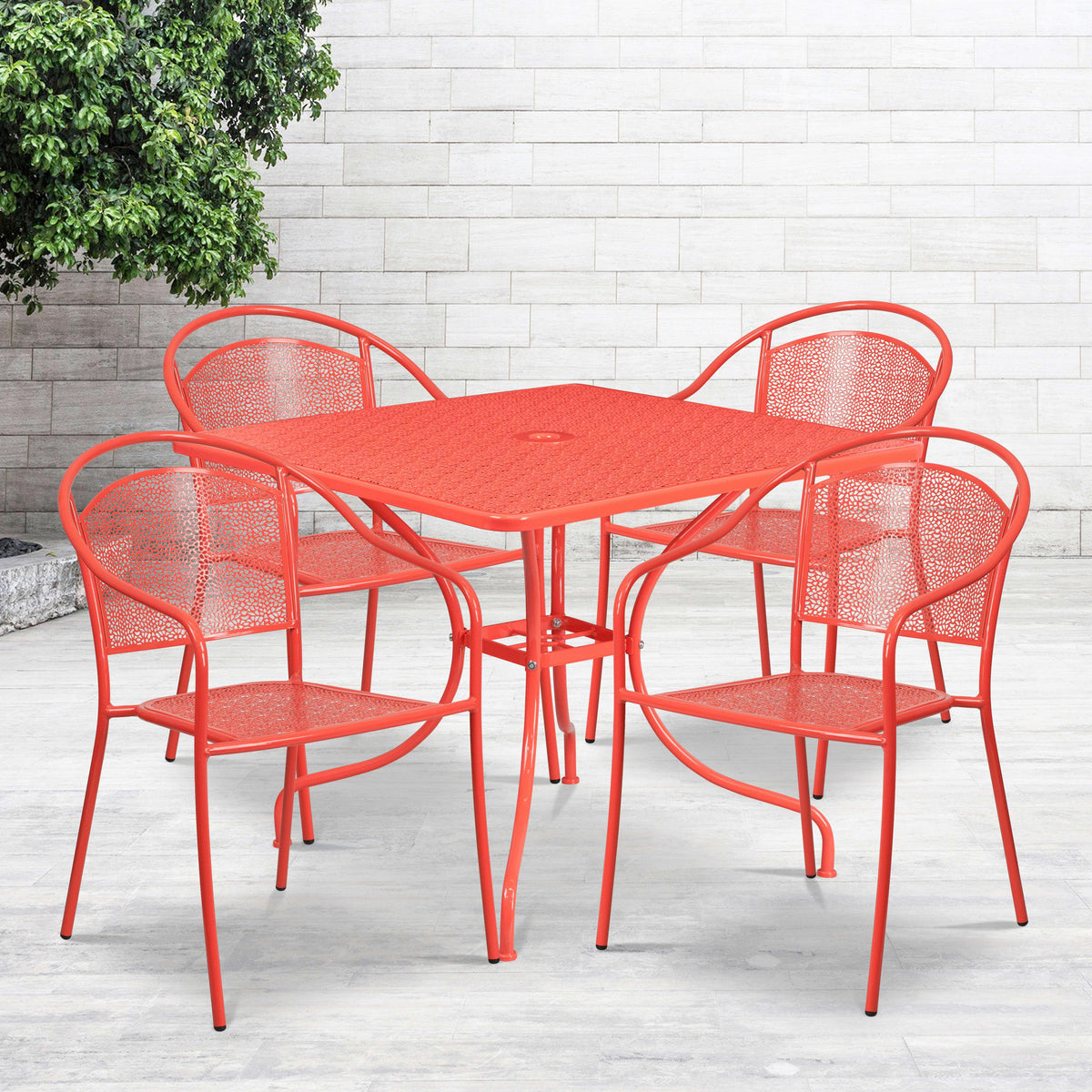 Coral |#| 35.5inch Square Coral Indoor-Outdoor Steel Patio Table Set w/ 4 Round Back Chairs