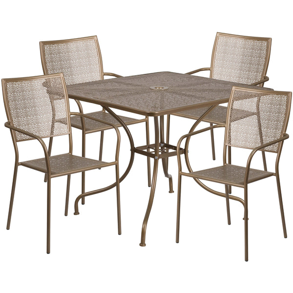 Gold |#| 35.5inch Square Gold Indoor-Outdoor Steel Patio Table Set w/ 4 Square Back Chairs