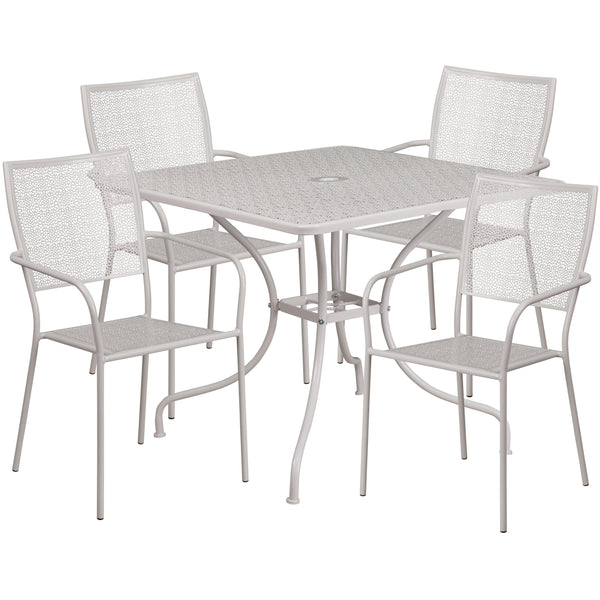 Light Gray |#| 35.5inch Square Lt Gray Indoor-Outdoor Steel Patio Table Set w/4 Square Back Chairs