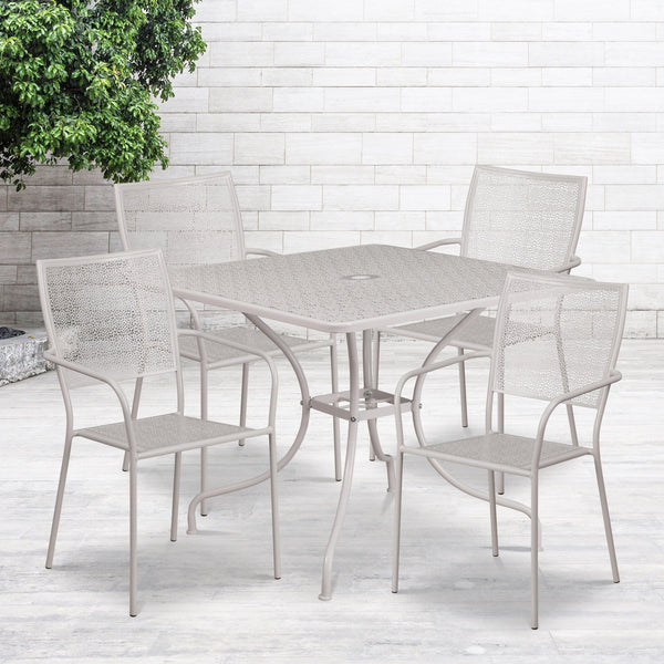 Light Gray |#| 35.5inch Square Lt Gray Indoor-Outdoor Steel Patio Table Set w/4 Square Back Chairs
