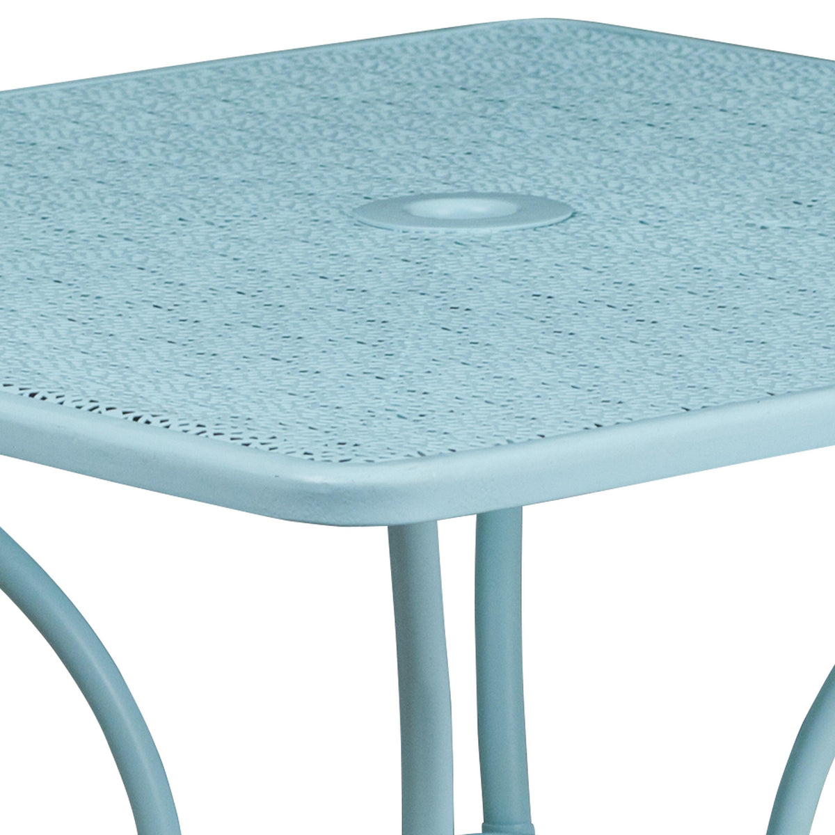 Sky Blue |#| 35.5inch SQ Sky Blue Indoor-Outdoor Steel Patio Table-Umbrella Hole-Restaurant