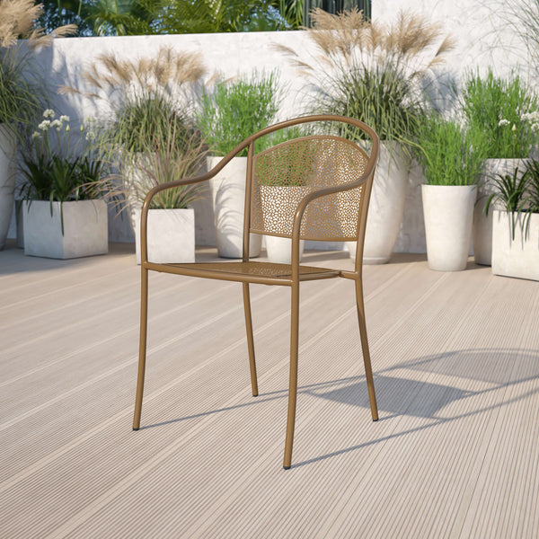 Gold |#| Gold Indoor-Outdoor Steel Patio Arm Chair with Round Back - Café Chair