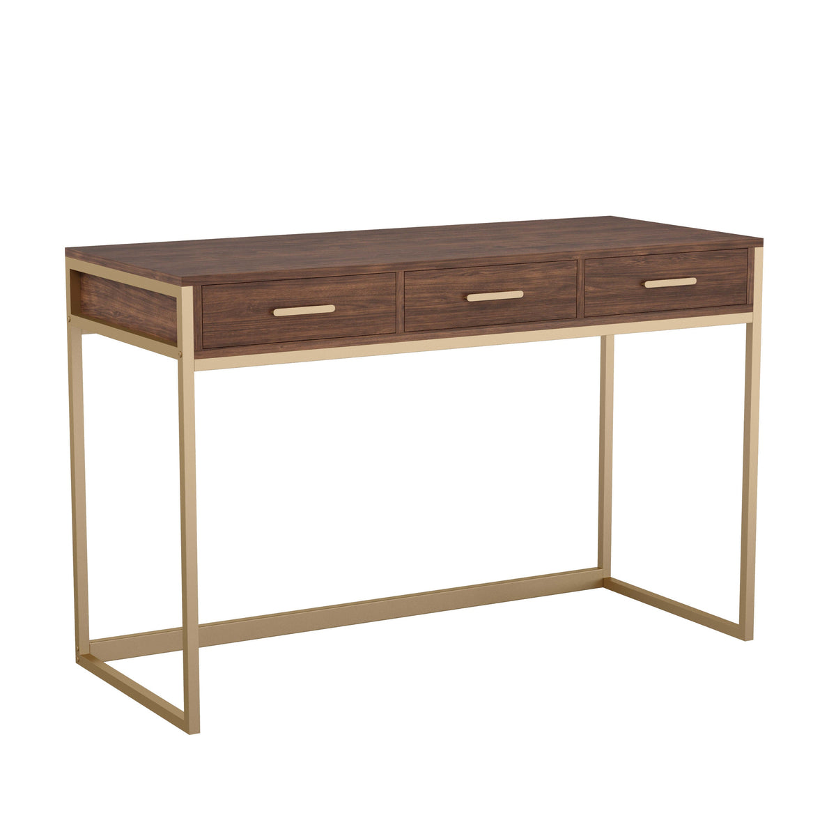 Walnut Top/Polished Brass Frame |#| Walnut 3 Drawer Home Office Desk with Polished Brass Metal Frame and Hardware