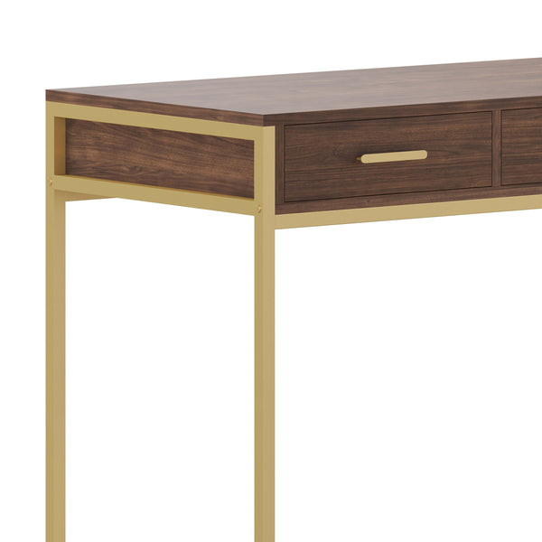 Walnut Top/Polished Brass Frame |#| Walnut 3 Drawer Home Office Desk with Polished Brass Metal Frame and Hardware