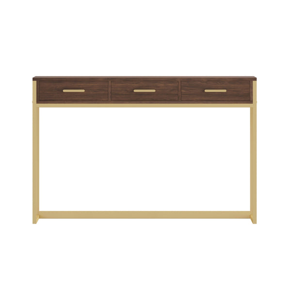 Walnut Top/Polished Brass Frame |#| Walnut 3 Drawer Home Office Desk with Polished Brass Metal Frame and Hardware