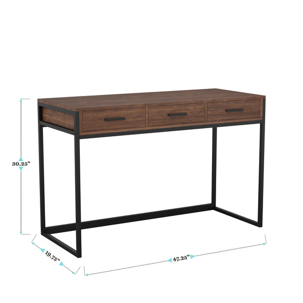 Walnut Top/Oil Rubbed Bronze Frame |#| Walnut 3 Drawer Home Office Desk with Oil Rubbed Bronze Metal Frame and Hardware