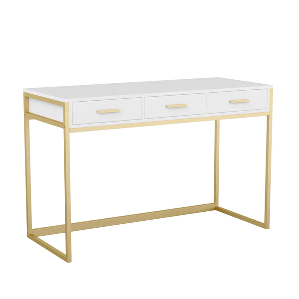 White Top/Polished Brass Frame |#| White 3 Drawer Home Office Desk with Polished Brass Metal Frame and Hardware