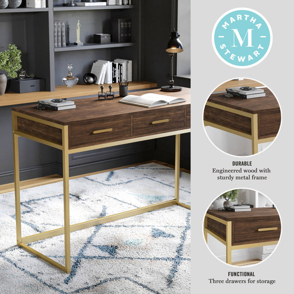 Walnut Top/Polished Brass Frame |#| Walnut 3 Drawer Home Office Desk with Polished Brass Metal Frame and Hardware