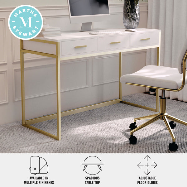 White Top/Polished Brass Frame |#| White 3 Drawer Home Office Desk with Polished Brass Metal Frame and Hardware