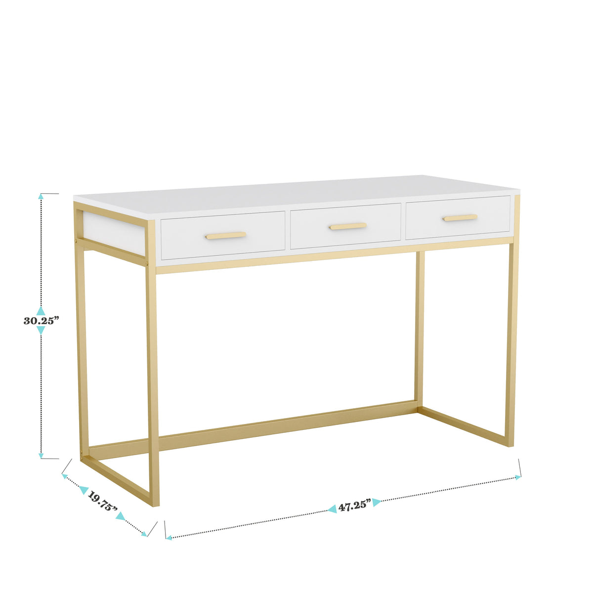 White Top/Polished Brass Frame |#| White 3 Drawer Home Office Desk with Polished Brass Metal Frame and Hardware