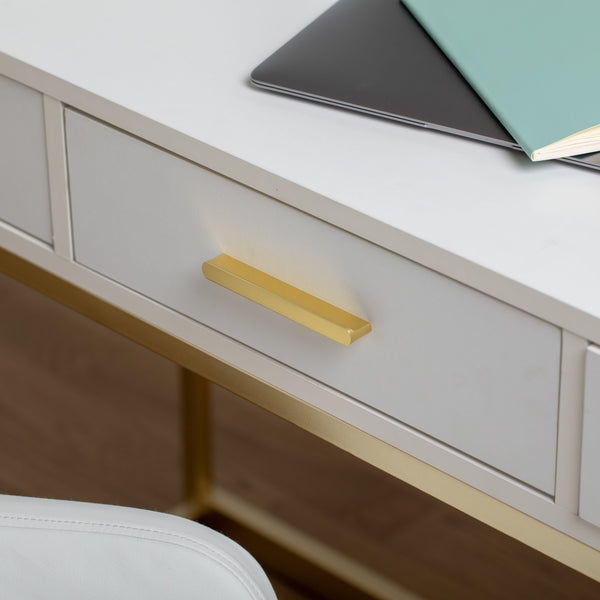 White Top/Polished Brass Frame |#| White 3 Drawer Home Office Desk with Polished Brass Metal Frame and Hardware