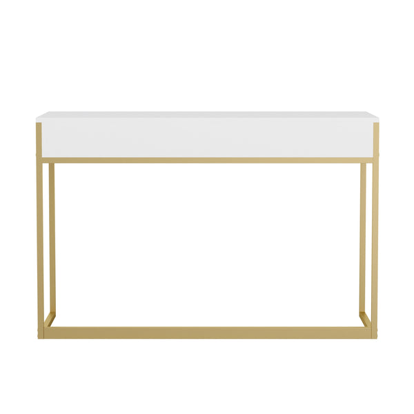 White Top/Polished Brass Frame |#| White 3 Drawer Home Office Desk with Polished Brass Metal Frame and Hardware