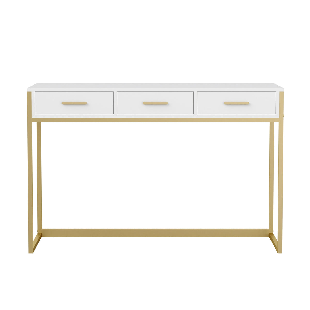 White Top/Polished Brass Frame |#| White 3 Drawer Home Office Desk with Polished Brass Metal Frame and Hardware