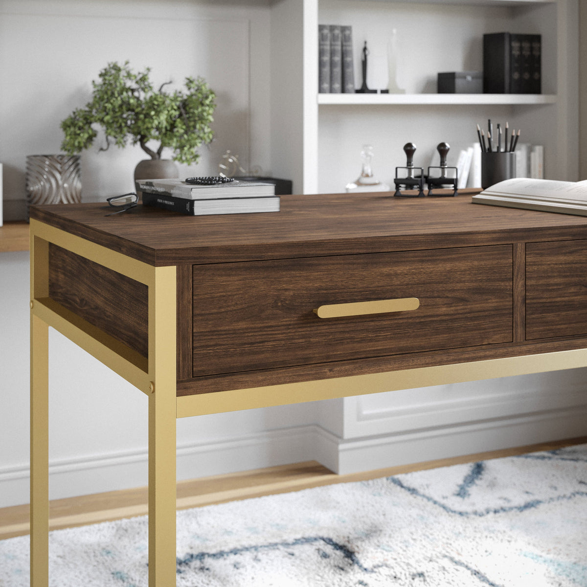 Walnut Top/Polished Brass Frame |#| Walnut 3 Drawer Home Office Desk with Polished Brass Metal Frame and Hardware