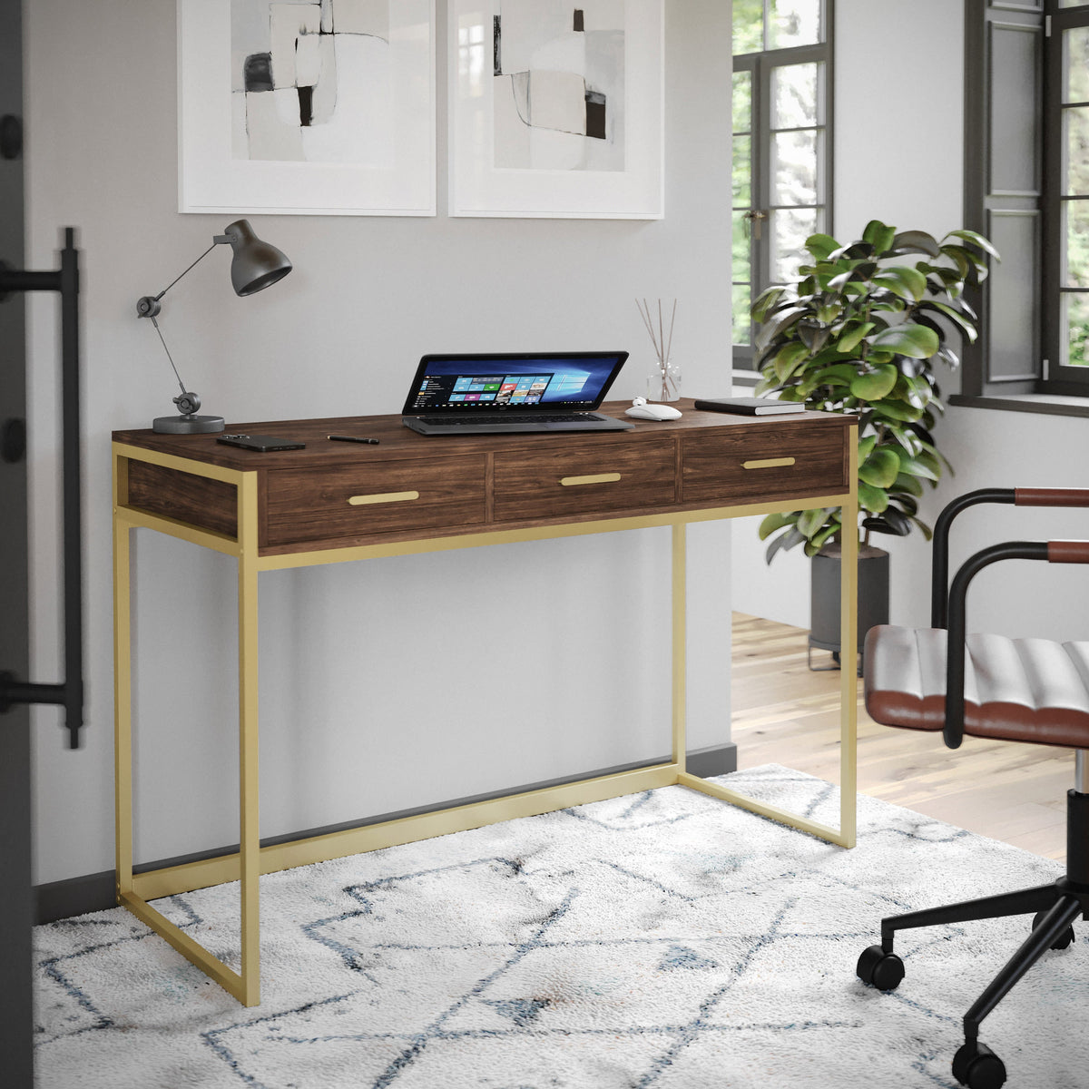 Walnut Top/Polished Brass Frame |#| Walnut 3 Drawer Home Office Desk with Polished Brass Metal Frame and Hardware