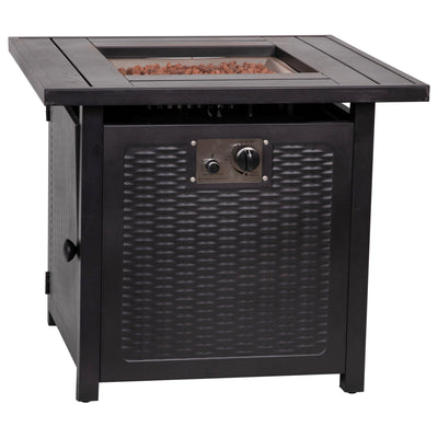 Olympia 50,000 BTU Outdoor Propane Gas Fire Pit Table with Stainless Steel Tabletop, Lid, Lava Rocks, and Steel Wicker Detail Base