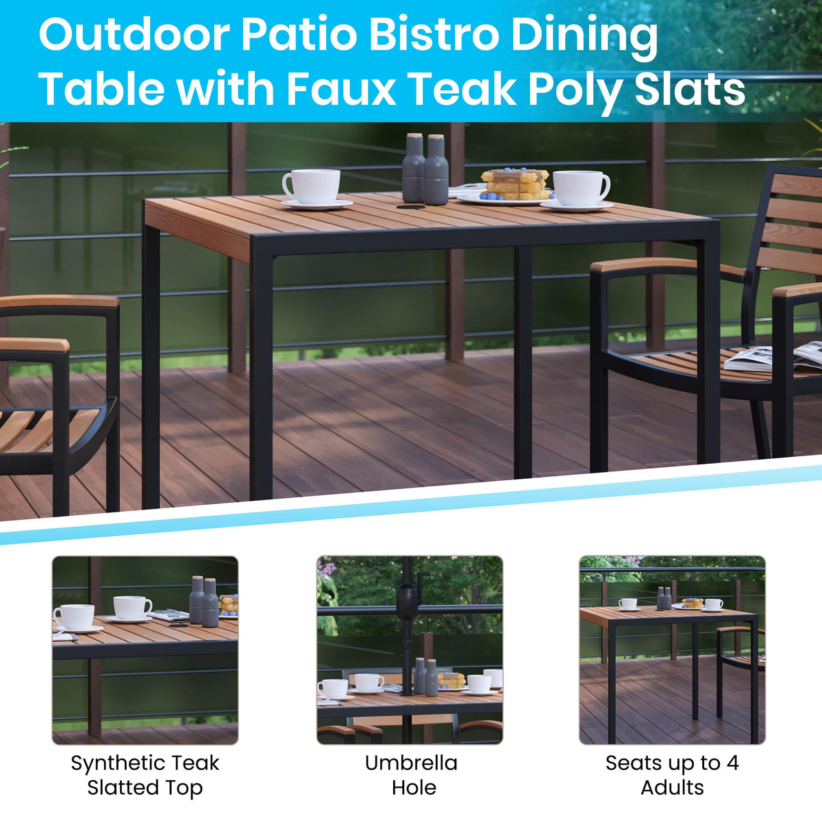 Teak |#| 35inch Square All-Weather Faux Teak Patio Dining Table with Steel Frame - Seats 4
