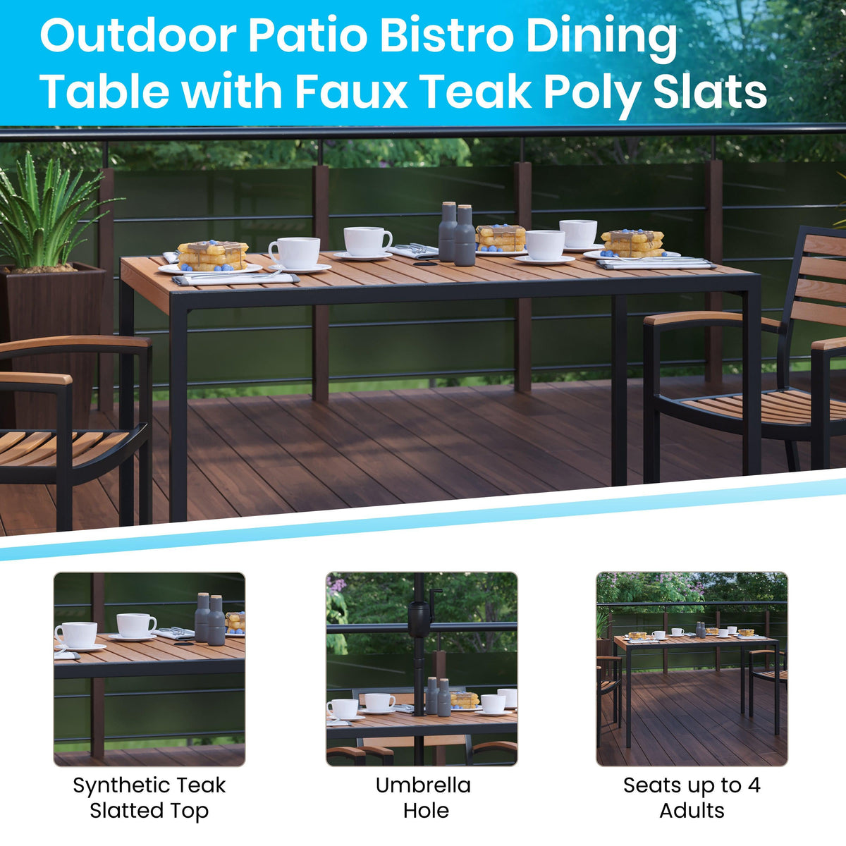 Teak |#| 30inch x 48inch All-Weather Faux Teak Patio Dining Table with Steel Frame - Seats 4