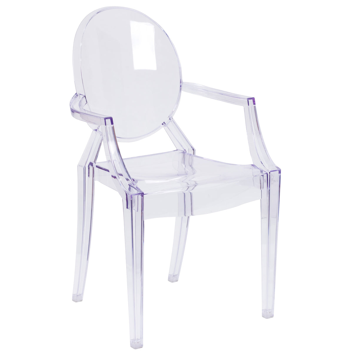 Oval Back Ghost Chair with Arms in Transparent Crystal - Stackable Side Chair