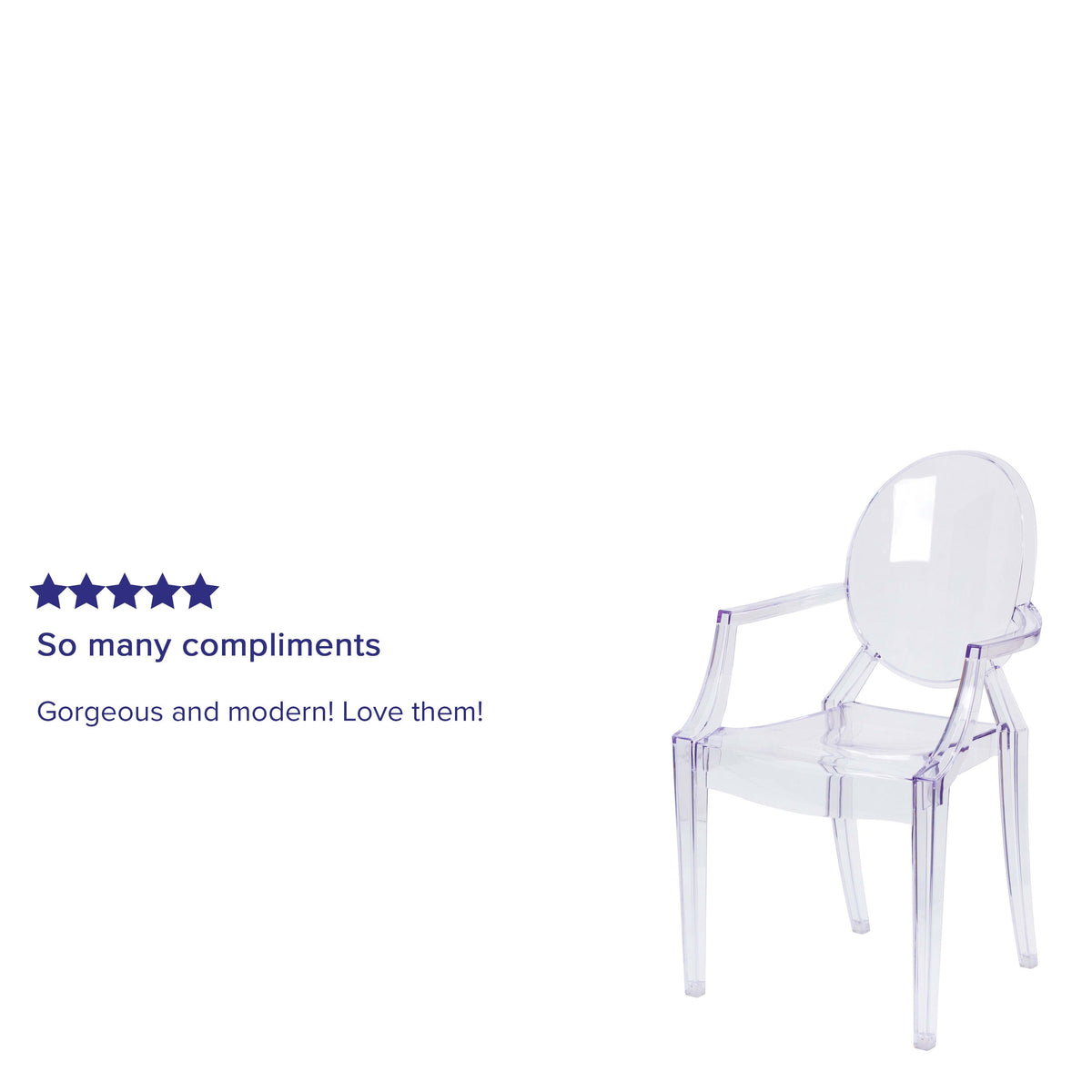 Oval Back Ghost Chair with Arms in Transparent Crystal - Stackable Side Chair