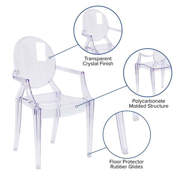 Oval Back Ghost Chair with Arms in Transparent Crystal - Stackable Side Chair