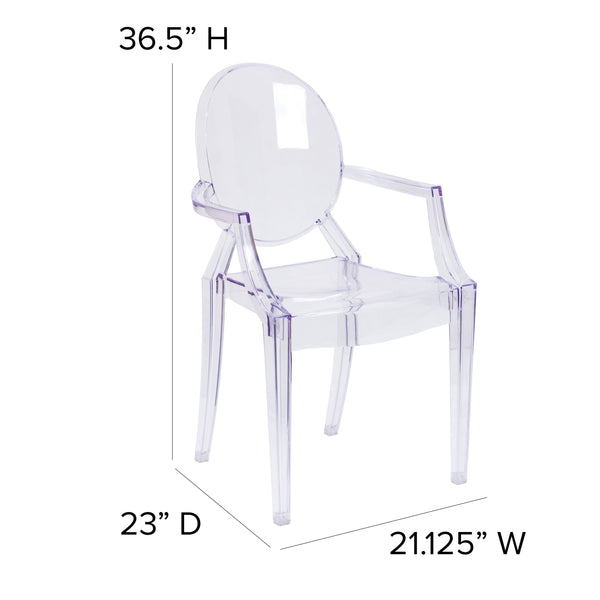 Oval Back Ghost Chair with Arms in Transparent Crystal - Stackable Side Chair