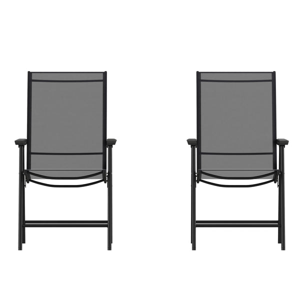 Black |#| Portable Black Outdoor Folding Patio Sling Chair with Black Frame - Set of 2