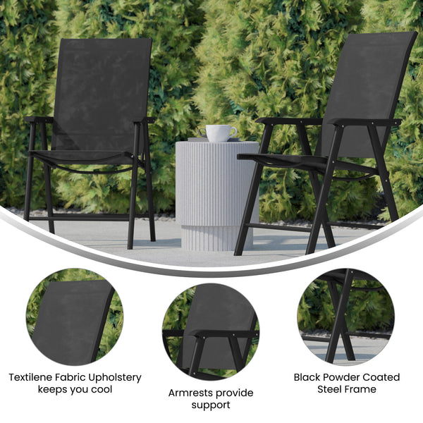 Black |#| Portable Black Outdoor Folding Patio Sling Chair with Black Frame - Set of 2